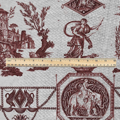 100% LINEN Fabric french red print oatmeal - Goddess Diana with Lion - toile de jouy - Diane chasseresse by Jean-Baptiste Huet 3419