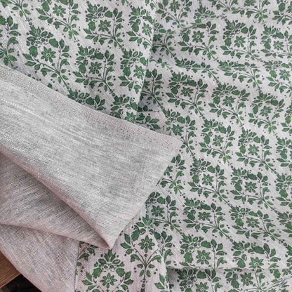 100% LINEN Fabric french green block print on oatmeal natur linen, upholstery linen fabric for home decor 340