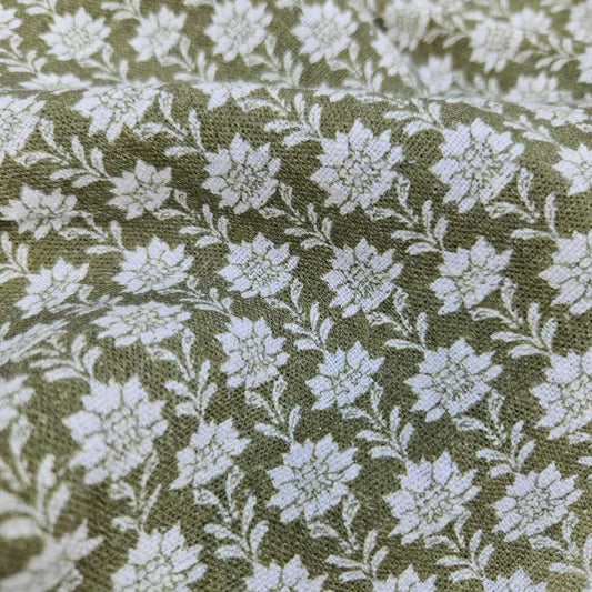 100% Linen fabric Block print olive green on white - Nora 2512