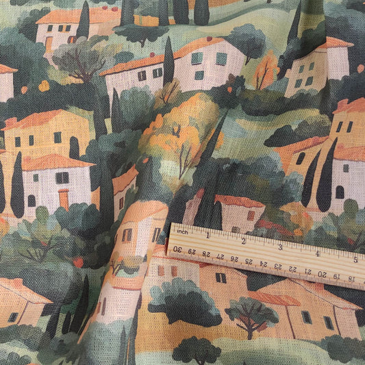 Linen fabric with Tuscany houses print - Italian landscape yellow green 2523