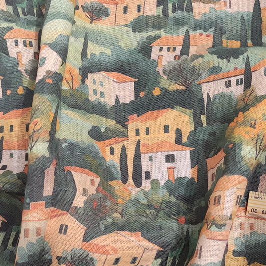 Linen fabric with Tuscany houses print - Italian landscape yellow green 2523