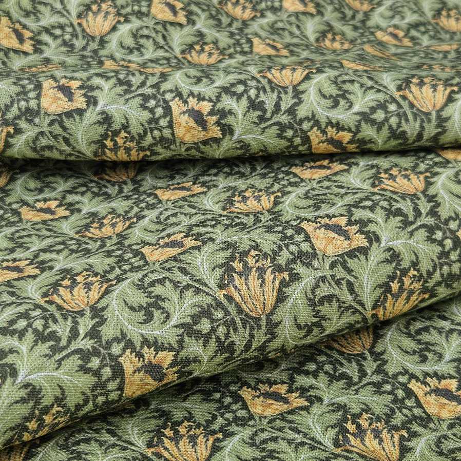 100% Linen fabric William Morris Anemone green yellow - 2544
