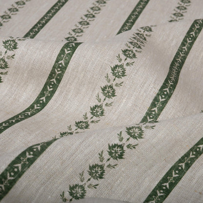100% LINEN Fabric Striped floral print - block print green leaves on oatmeal linen for upholstery curtains dress making 2687