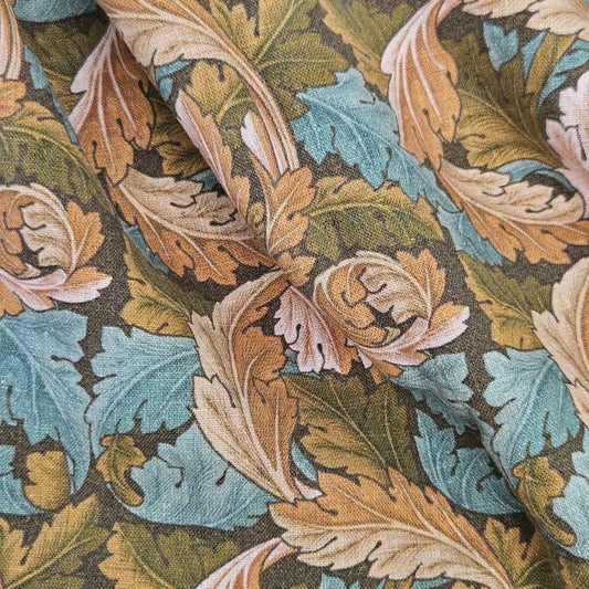 100% Linen fabric William Morris print Acanthus - brown green leaves 2554
