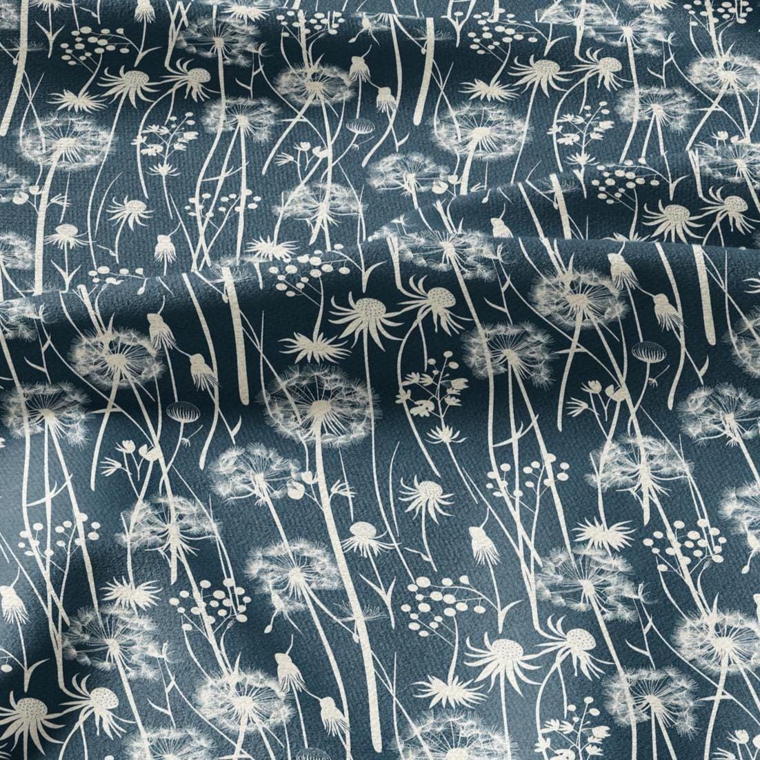 100% linen Dandelion teal prints fabric for Curtain Upholstery Cushion - Art deco flower print fabric for dress making sewing