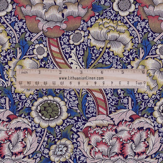William Morris Wandle navy blue print on 100% LINEN - Victorian Art crafts linen Fabric - botanical Historical upholstery home textile