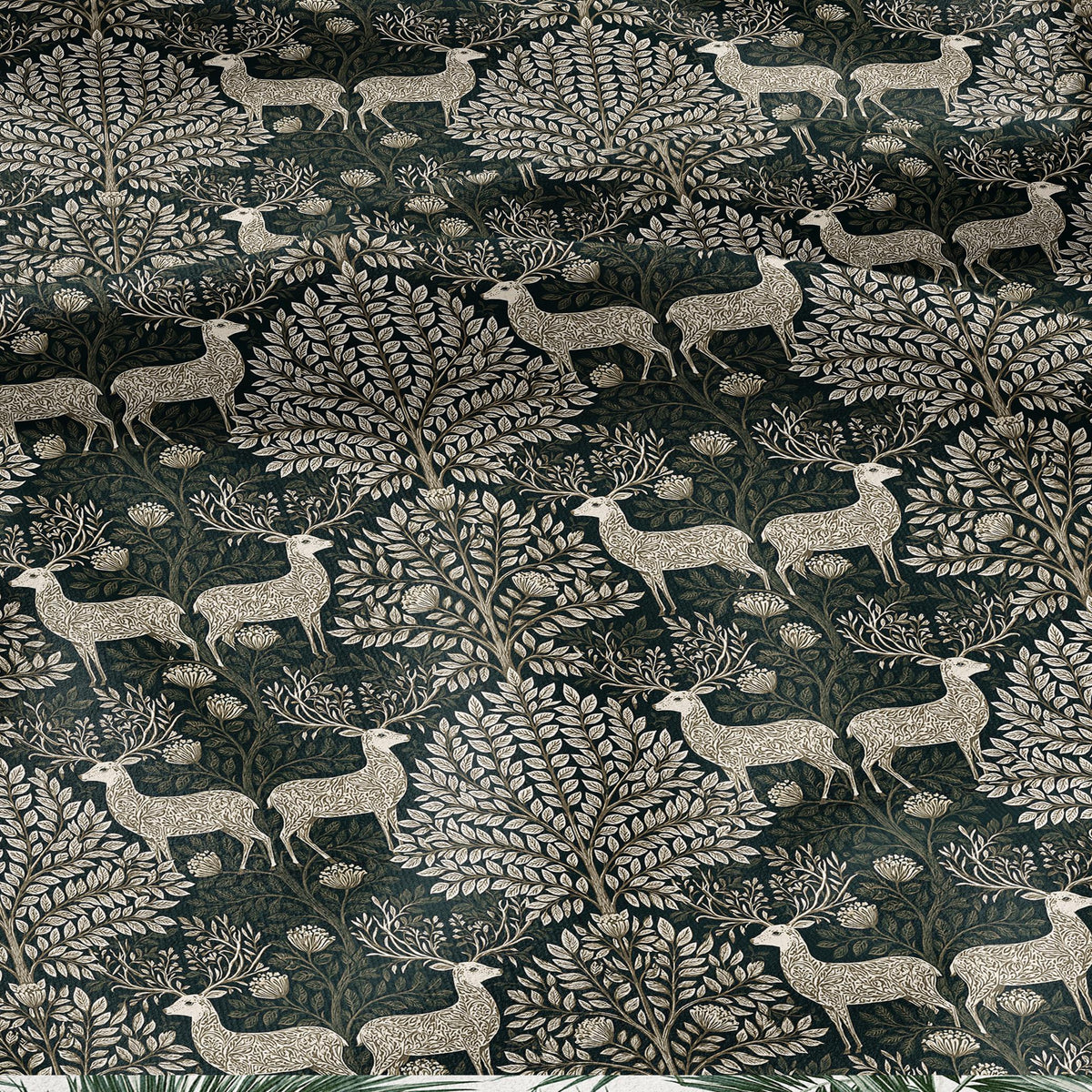 100% LINEN Fabric Woodland - Green beige floral print with Reindeer Neutral Fabric by the Yard by LithuanianLinen 3872