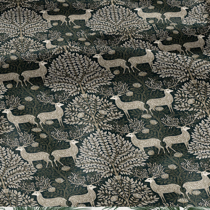 100% LINEN Fabric Woodland - Green beige floral print with Reindeer Neutral Fabric by the Yard by LithuanianLinen 3872
