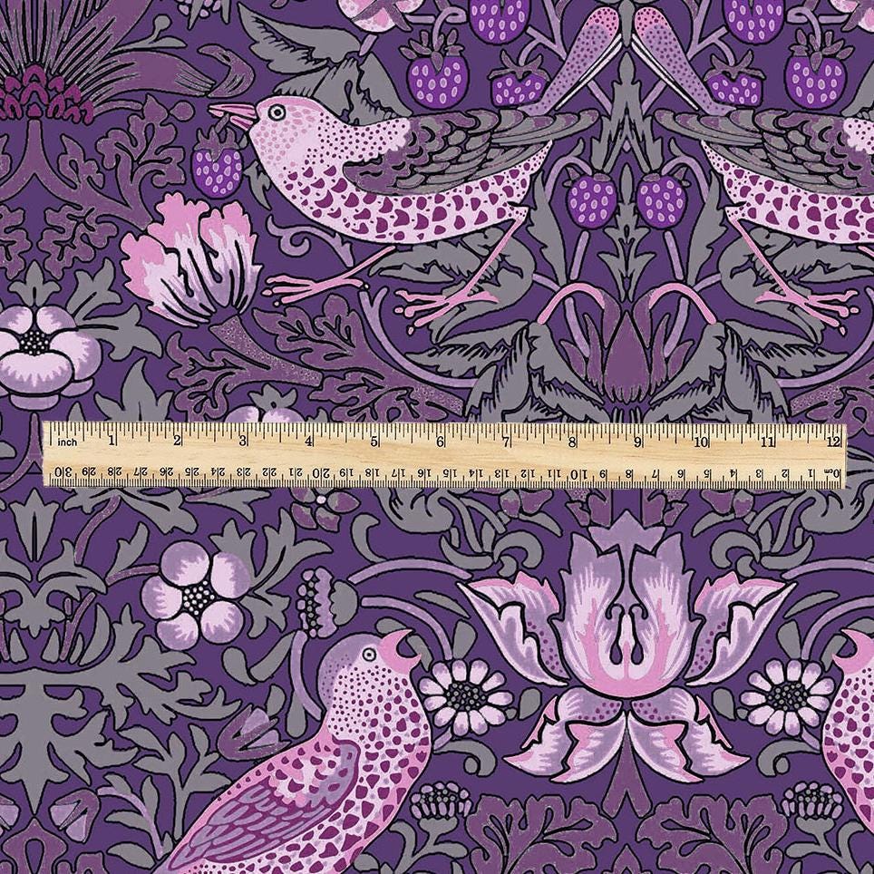 100% LINEN fabric - William Morris Strawberry thief dark purple - British Victorian Art Craft flax - sewing home decor or clothing 3869