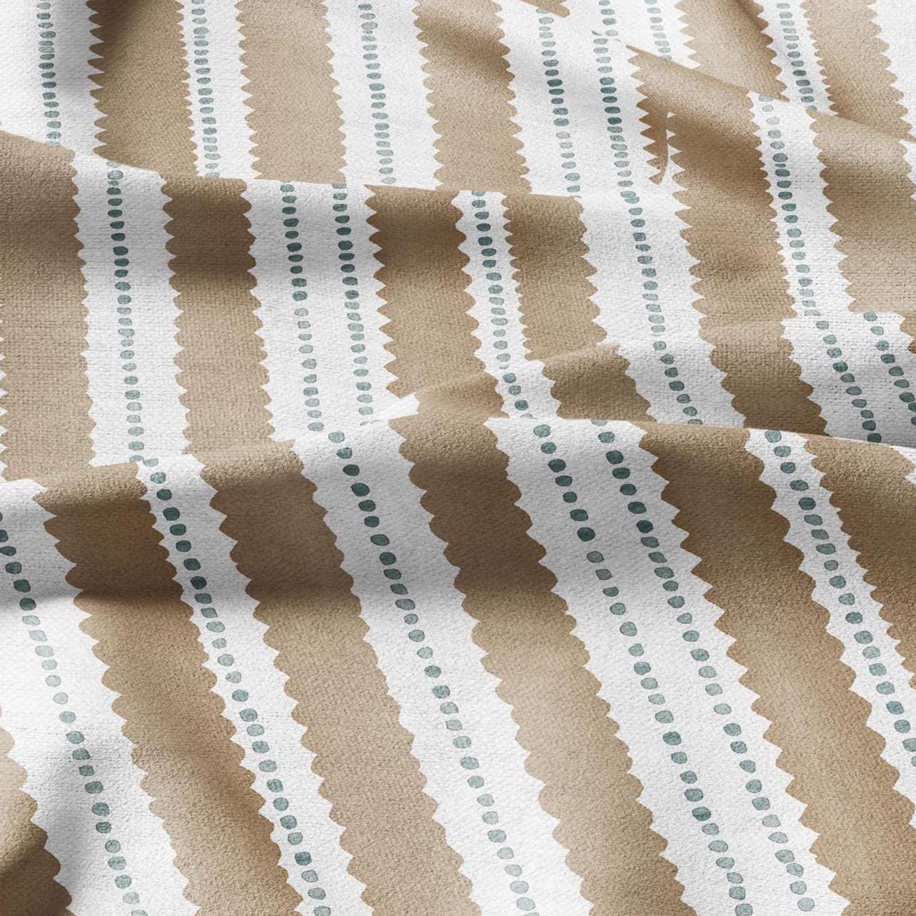 100% LINEN Fabric Scalloped stripe print - retro sepia brown dot stripe - for upholstery home decor - medium for dress making 2884GR