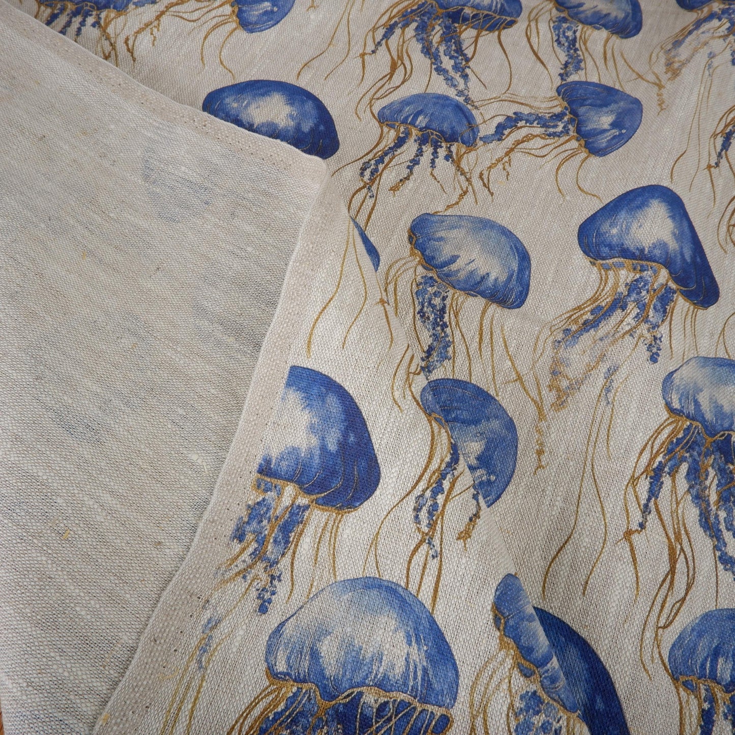 100% LINEN Fabric jellyfish Nautical print - oatmeal linen fabric with blue grey coastal print for upholstery home decor dressmaking