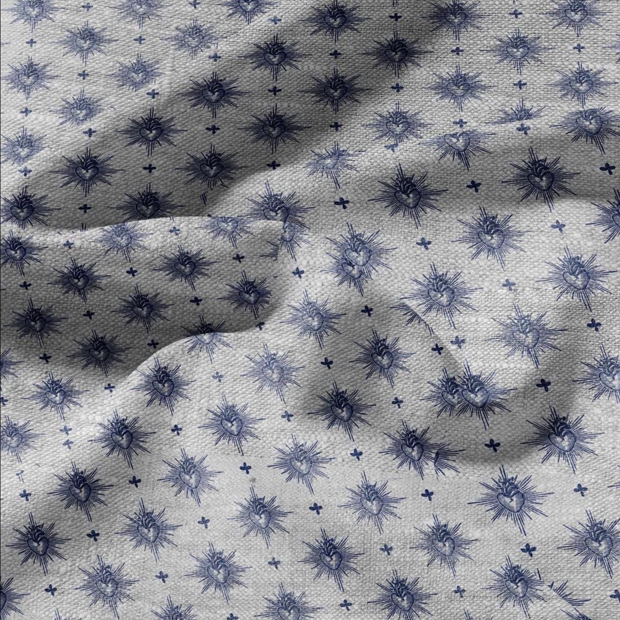 100% LINEN Fabric Sacred heart -  blue print on oatmeal linen for home decor sewign dress clothing 3006