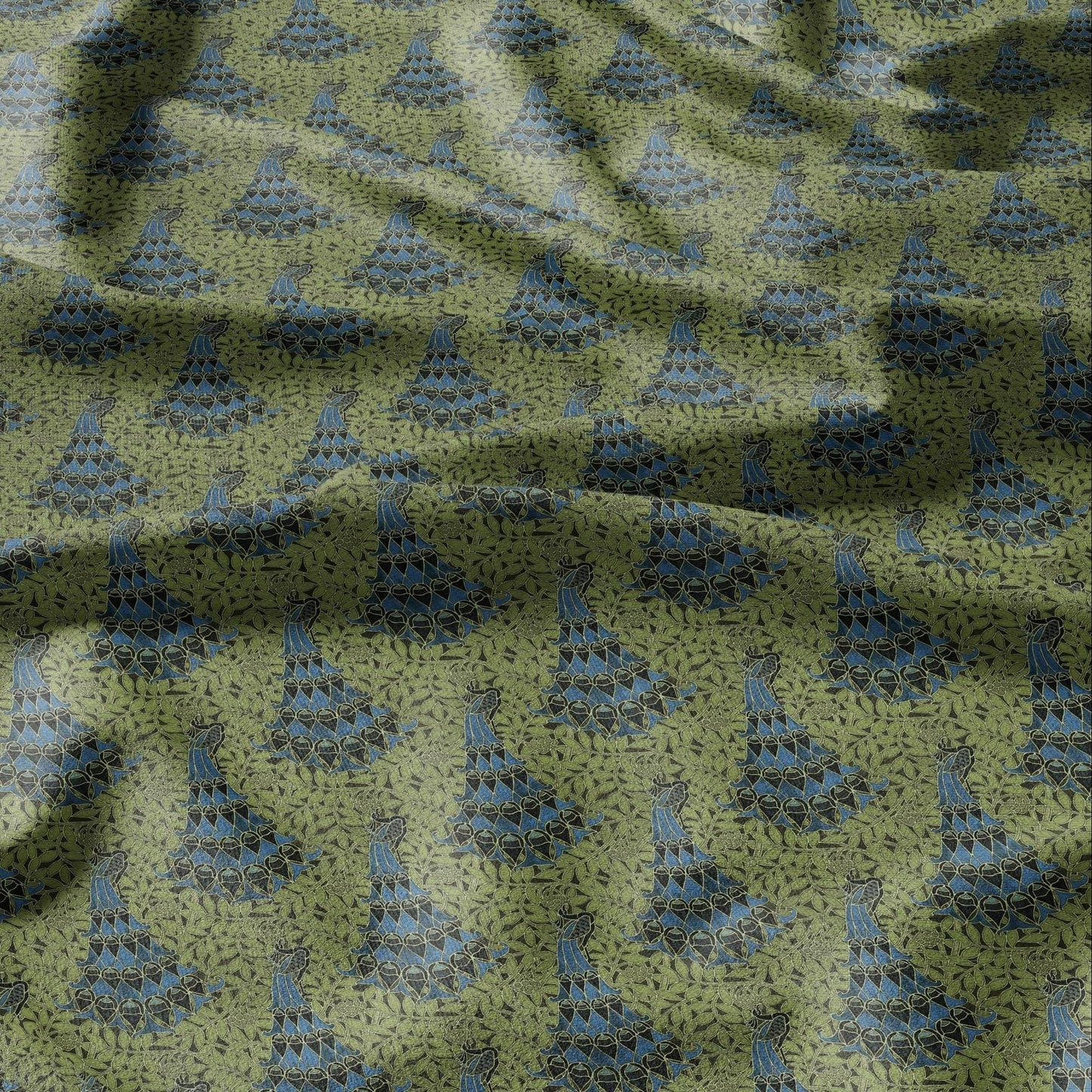 100% linen Vintage Peacock fabric for Curtain Upholstery Cushion - green blue print fabric for dress making sewing