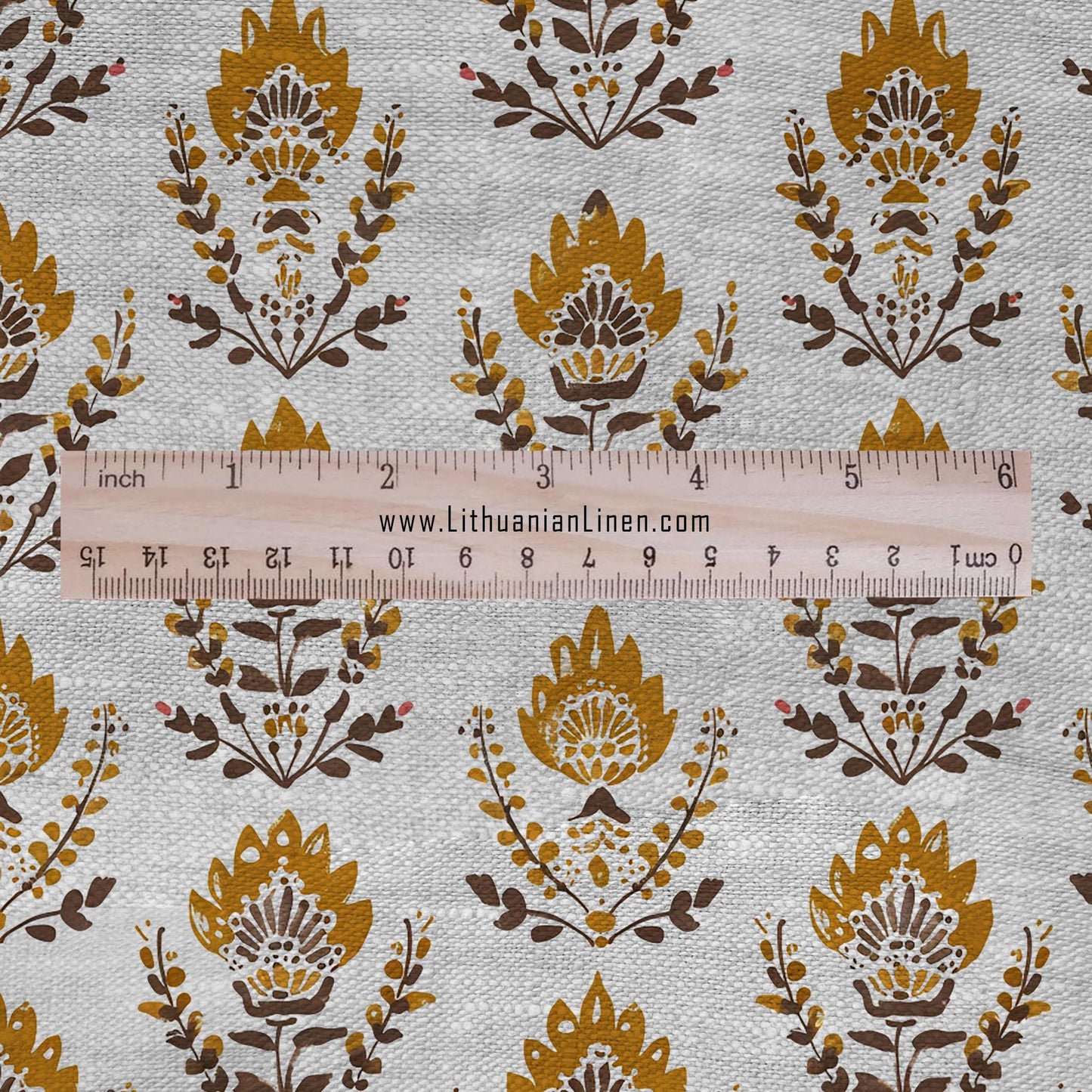 100% LINEN Fabric mustard yellow block print on oatmeal natur linen - floral French - heavy upholstery home decor - medium dress making 2373