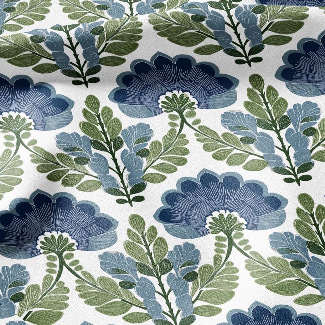 100% LINEN Fabric Swedish Mid-century print - Walnut leaves botanical stripe upholstery home textile artisan blue green white 3079