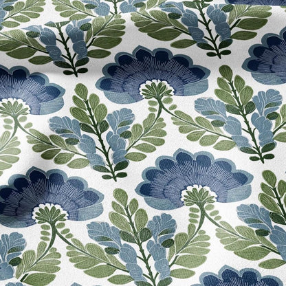 100% LINEN Fabric Swedish Mid-century print - Walnut leaves botanical stripe upholstery home textile artisan blue green white 3079
