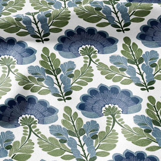 100% LINEN Fabric Swedish Mid-century print - Walnut leaves botanical stripe upholstery home textile artisan blue green white 3079