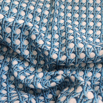 100% LINEN Fabric Blue bamboo trellis - botanical textile artisan fabrics blue white 3687