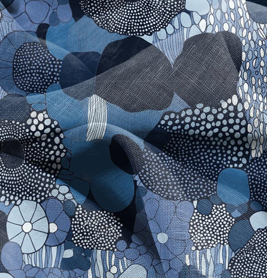 100% LINEN Fabric finnish Kalevala blue abstract print on linen, modern vintage floral linen fabric for upholstery or home decor