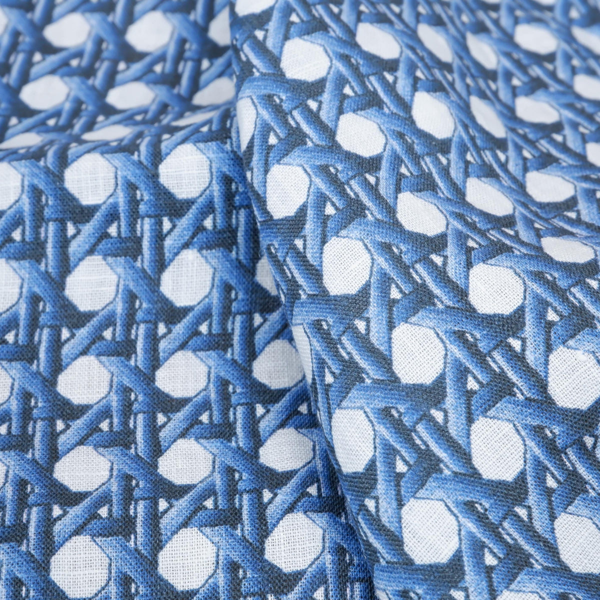 100% LINEN Fabric Blue bamboo trellis - botanical textile artisan fabrics blue white 3687