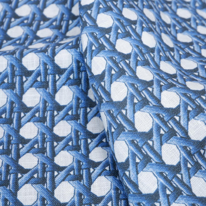 100% LINEN Fabric Blue bamboo trellis - botanical textile artisan fabrics blue white 3687