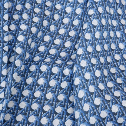 100% LINEN Fabric Blue bamboo trellis - botanical textile artisan fabrics blue white 3687