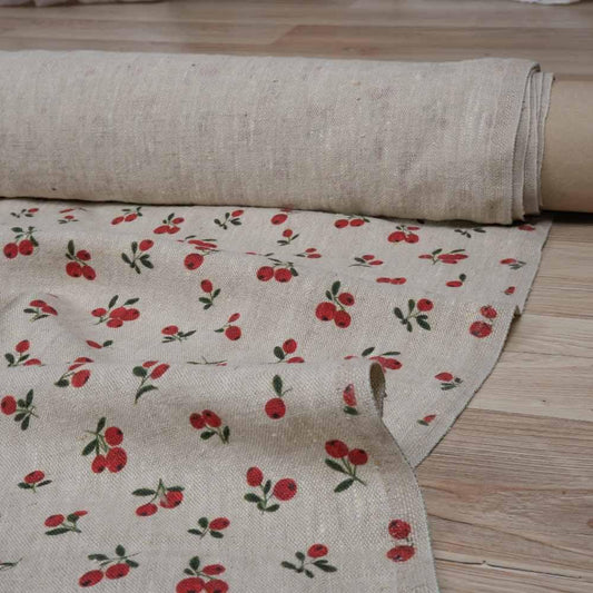 100% LINEN Fabric Lingonberry - Modern vintage red berry print on oatmeal linen for home decor sewing dress clothing 2940