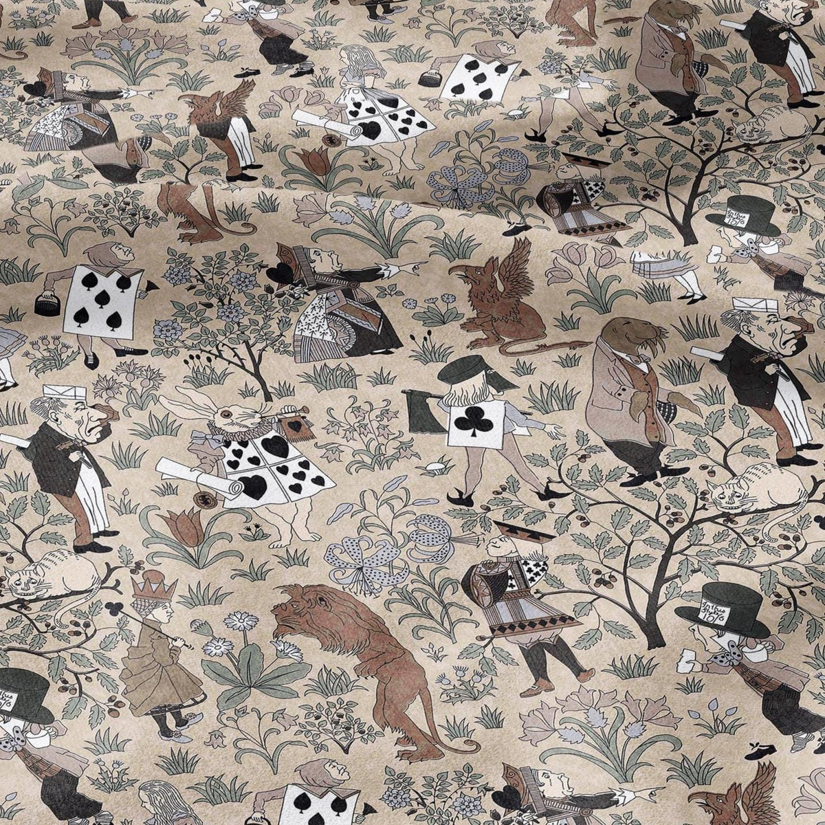 100% linen fabric - Alice in Wonderland beige by Voysey - Victorian Art crafts - Historical pattern for upholstery dress making 3613