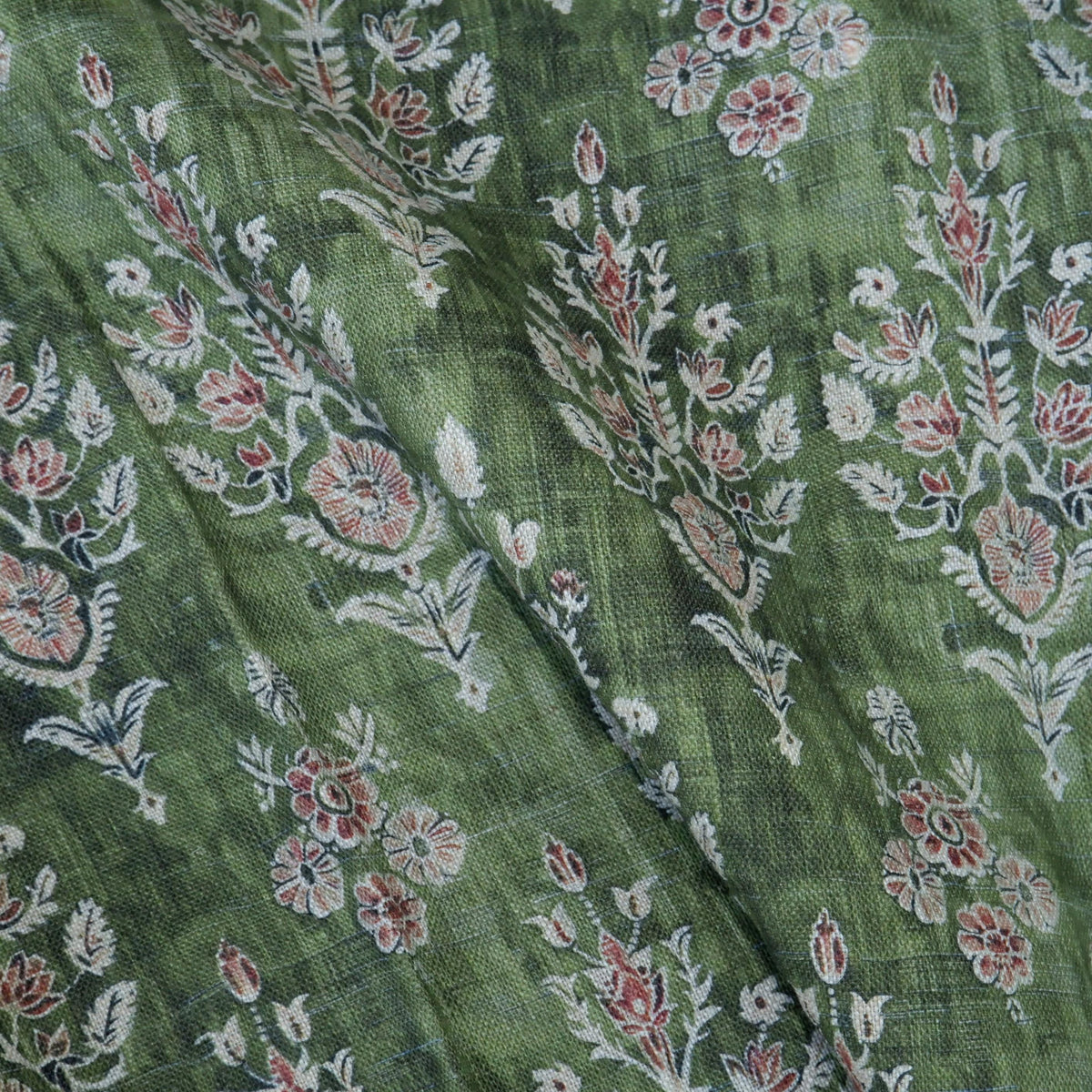 100% LINEN Fabric block print indian green 3658 - oatmeal linen fabric with green floral print decor