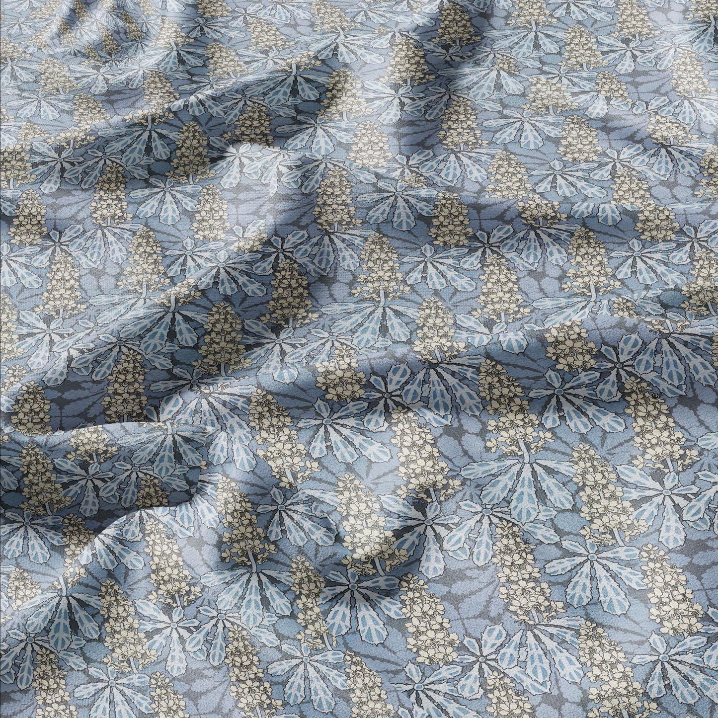 100% linen Art Nouveau Print fabric for Curtain Upholstery Cushion - Floral fabric Chestnut tree blue - fabric for dress making sewing