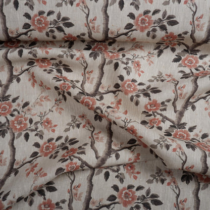 100% LINEN Fabric block print - oatmeal linen fabric with pink brown floral print - fabric for upholstery home decor or dressmaking 2039