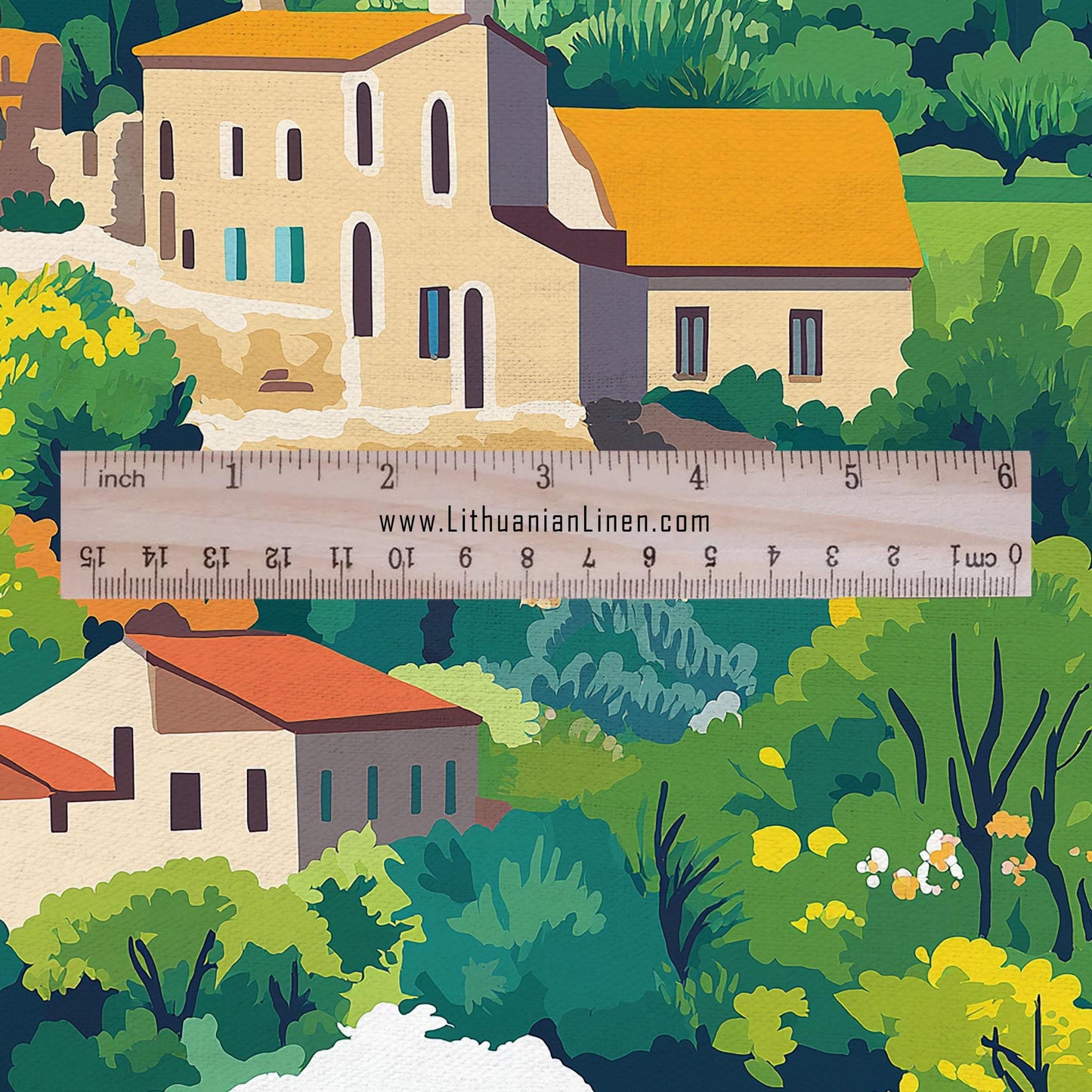 100% LINEN Fabric Catalonia Landscape - town city scenery print - heavy linen fabric for upholstery home decor 2920