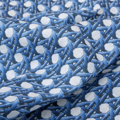 100% LINEN Fabric Blue bamboo trellis - botanical textile artisan fabrics blue white 3687