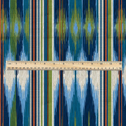 100% linen fabric green blue ikat stripe print - Vintage abstract modern geometric 3398