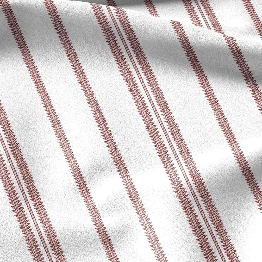 100% LINEN Fabric french red white stripe print - vintage modern  3360