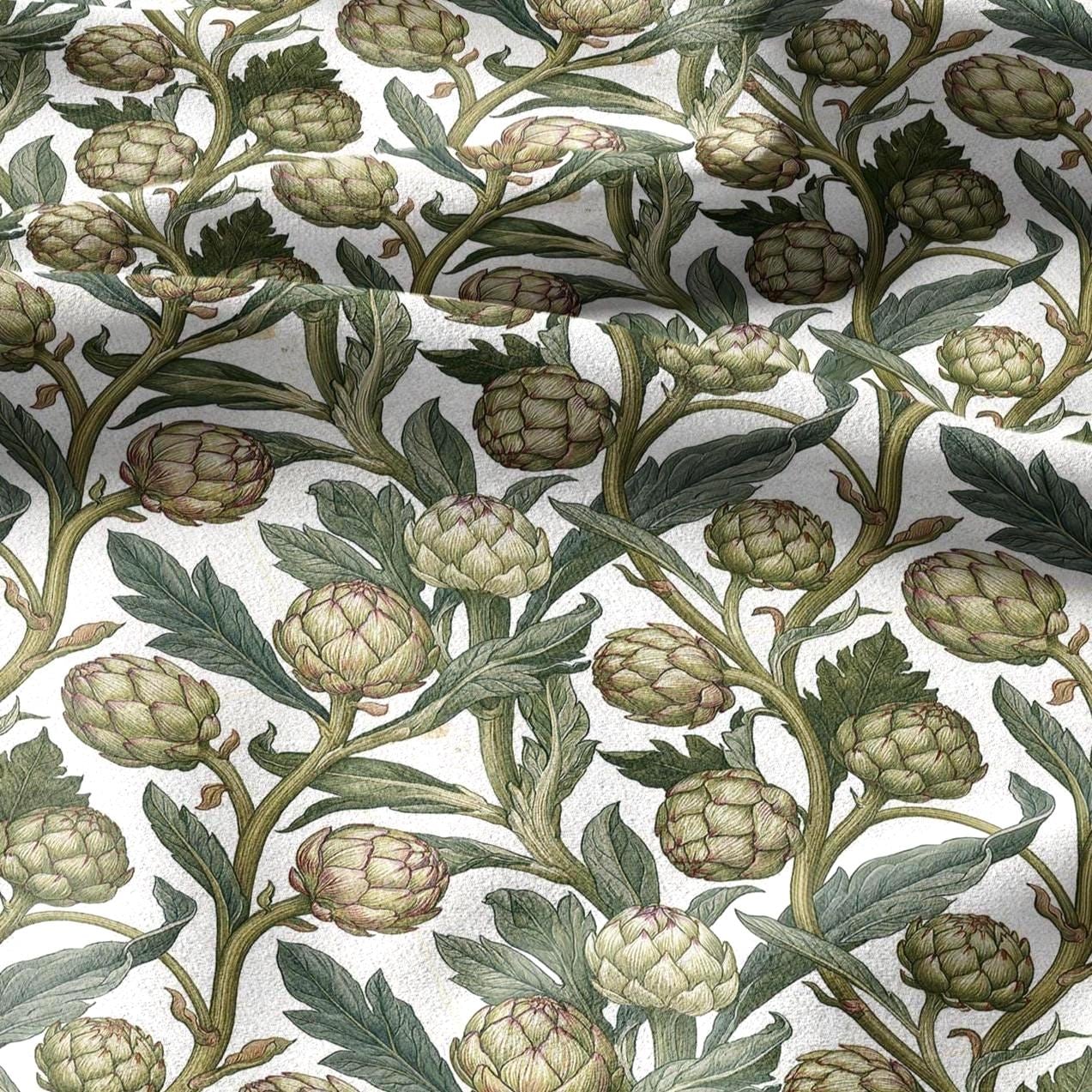 100% linen fabric Green Artichoke print - Vintage vegetable botanical  - modern vintage greenery 3361