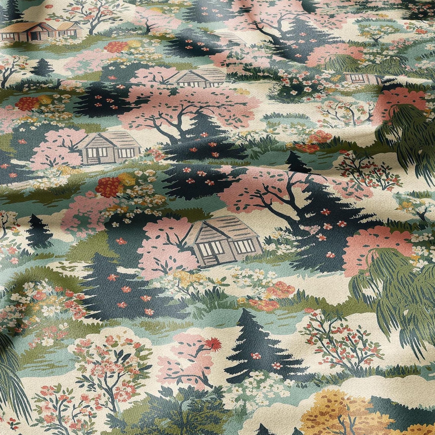 100% LINEN Fabric Country side - Village lanscape for upholstery dressmaking curtains home textile Art Nouveau 2133