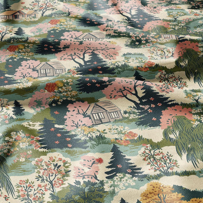 100% LINEN Fabric Country side - Village lanscape for upholstery dressmaking curtains home textile Art Nouveau 2133