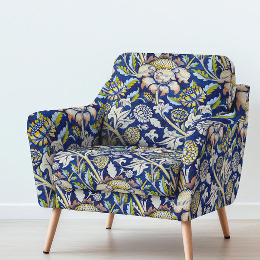 100% LINEN Fabric UPHOLSTERY 12oz - William Morris Wey block print  -Victorian Art craft fabric - floral blue upholstery heavy 362