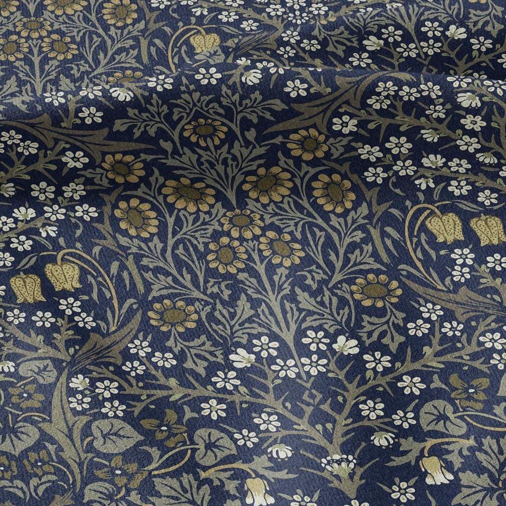 William Morris Blackthorn 100% LINEN Fabric - British linen floral upholstery home textile Victorian fabrics navy blue 3168