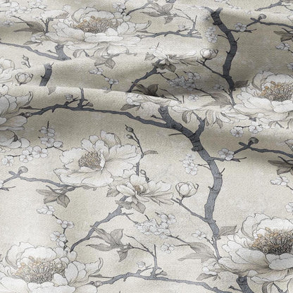 100% LINEN Fabric beige apple blossom print on white linen - floral botanical french linen fabric Provence - linen floral upholstery 2594