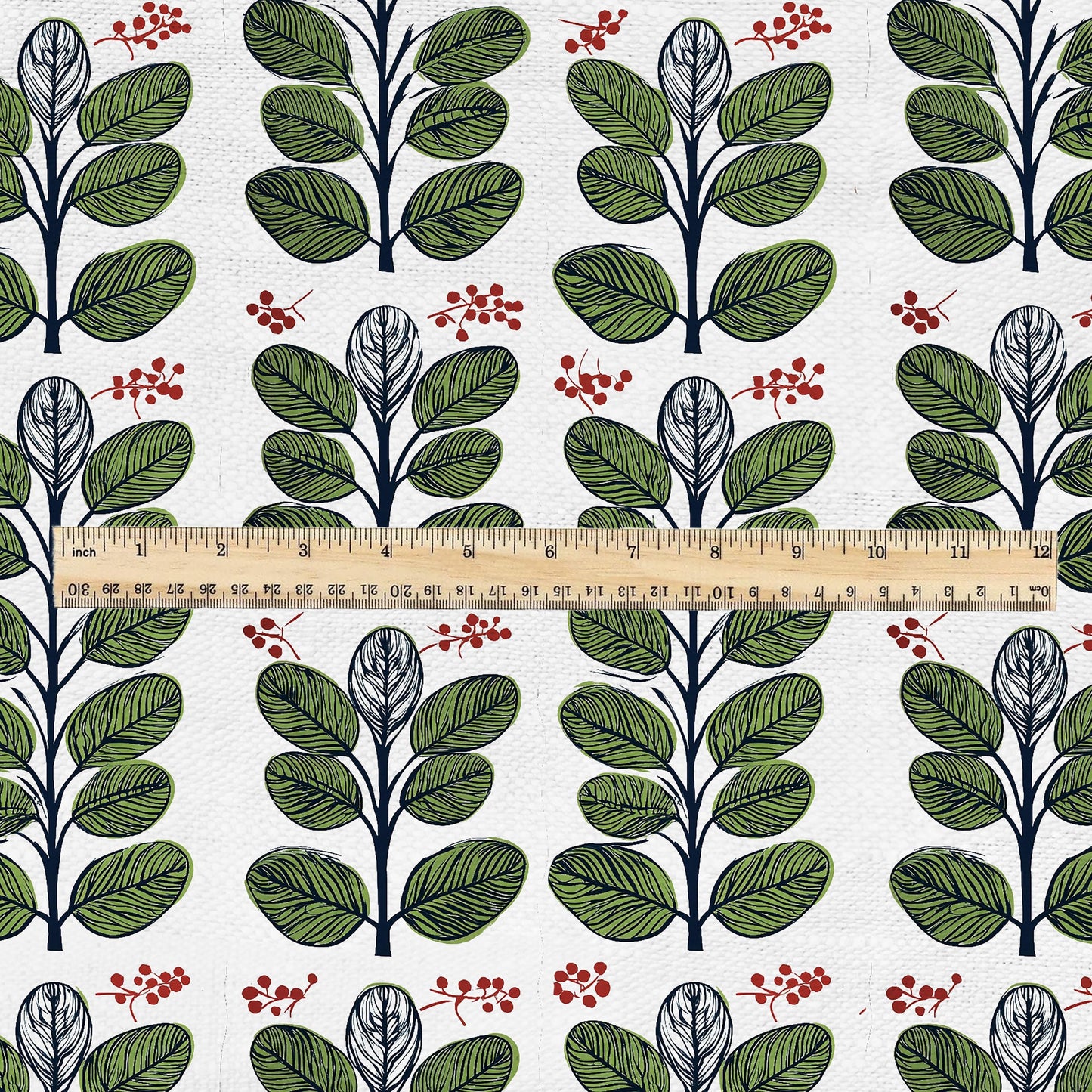 100% LINEN Fabric Swedish Valnot green leaves print - Walnut leaves botanical stripe upholstery home textile artisan green white 2749