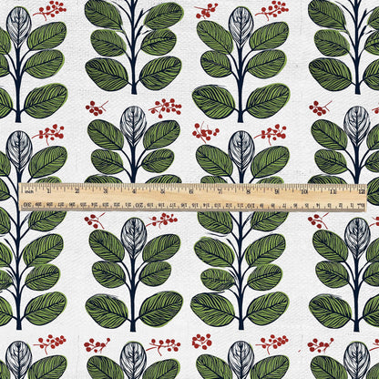 100% LINEN Fabric Swedish Valnot green leaves print - Walnut leaves botanical stripe upholstery home textile artisan green white 2749