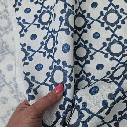 100% LINEN Fabric block print indigo blue on white - linen fabric with blue floral print  heavy linen fabric for upholstery home decor