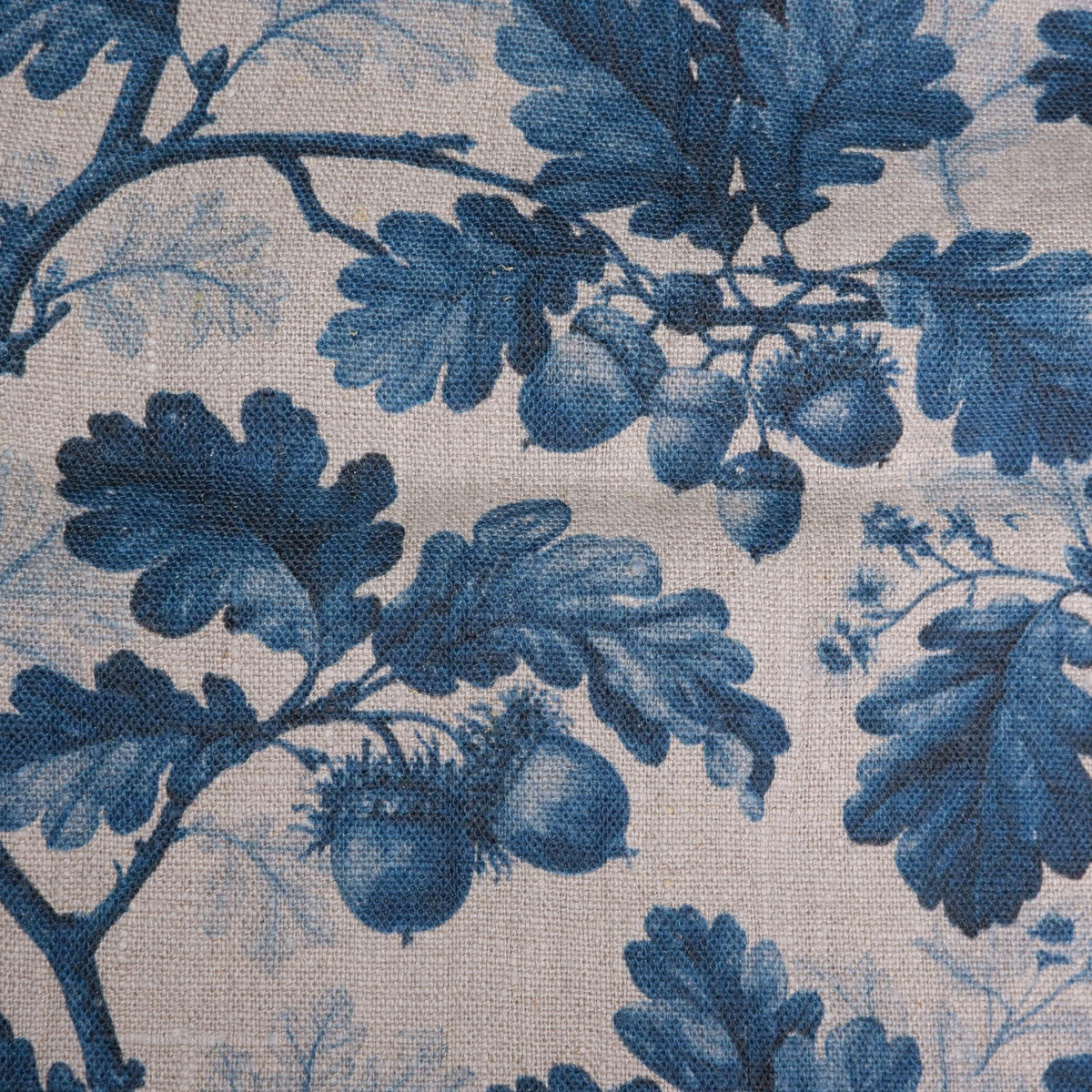 100% LINEN Fabric print Oak leaves with acorn blue grey -  floral botanical print - heavy for upholstery home decor clothing 3712