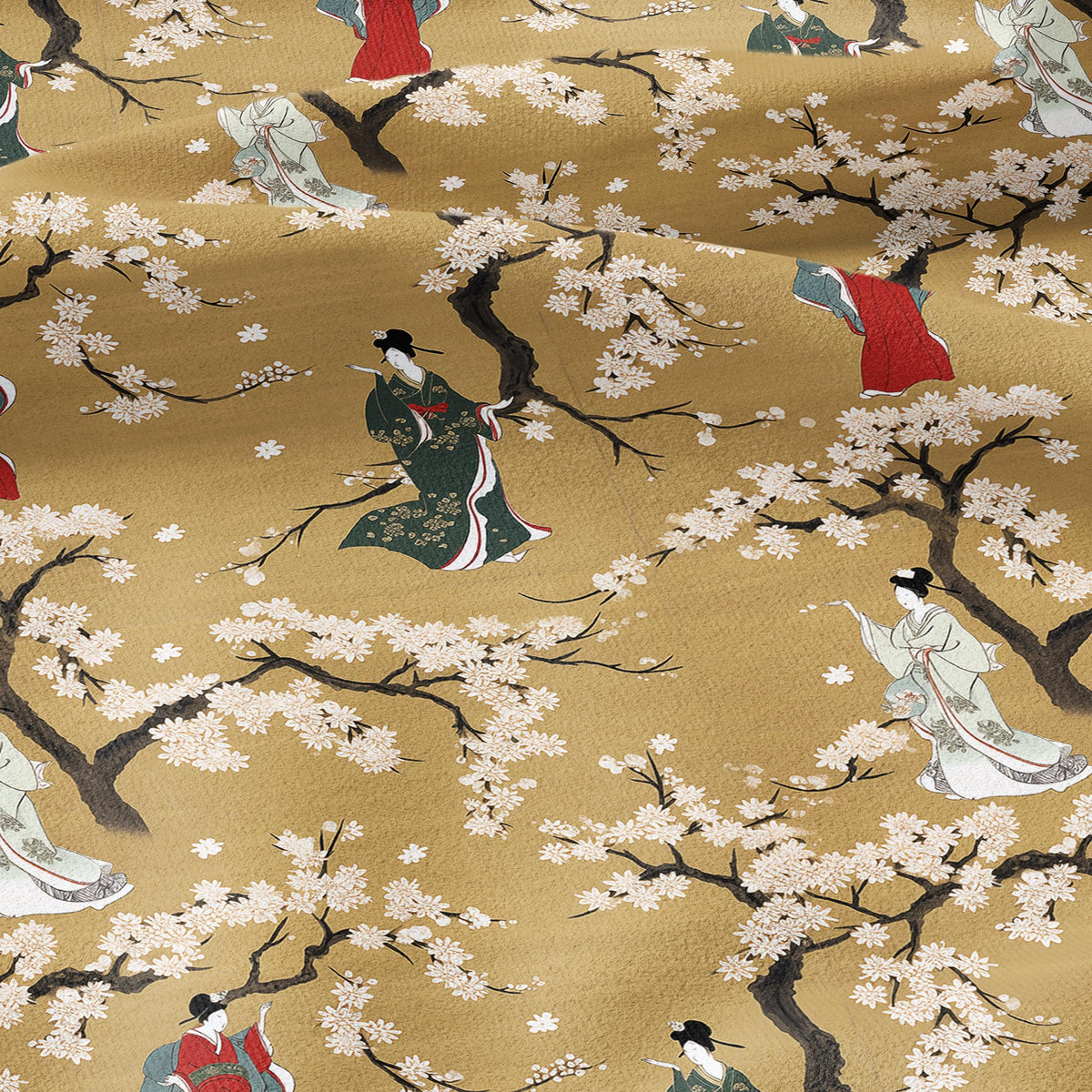 100% LINEN Fabric oriental print with geisha in cherry blossom -  botanical  heavy linen fabric for upholstery home decor 2770