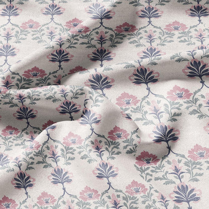 100% LINEN Fabric oriental print - preppy pink floral block print - upholstery home decor clothing  sewing 2375