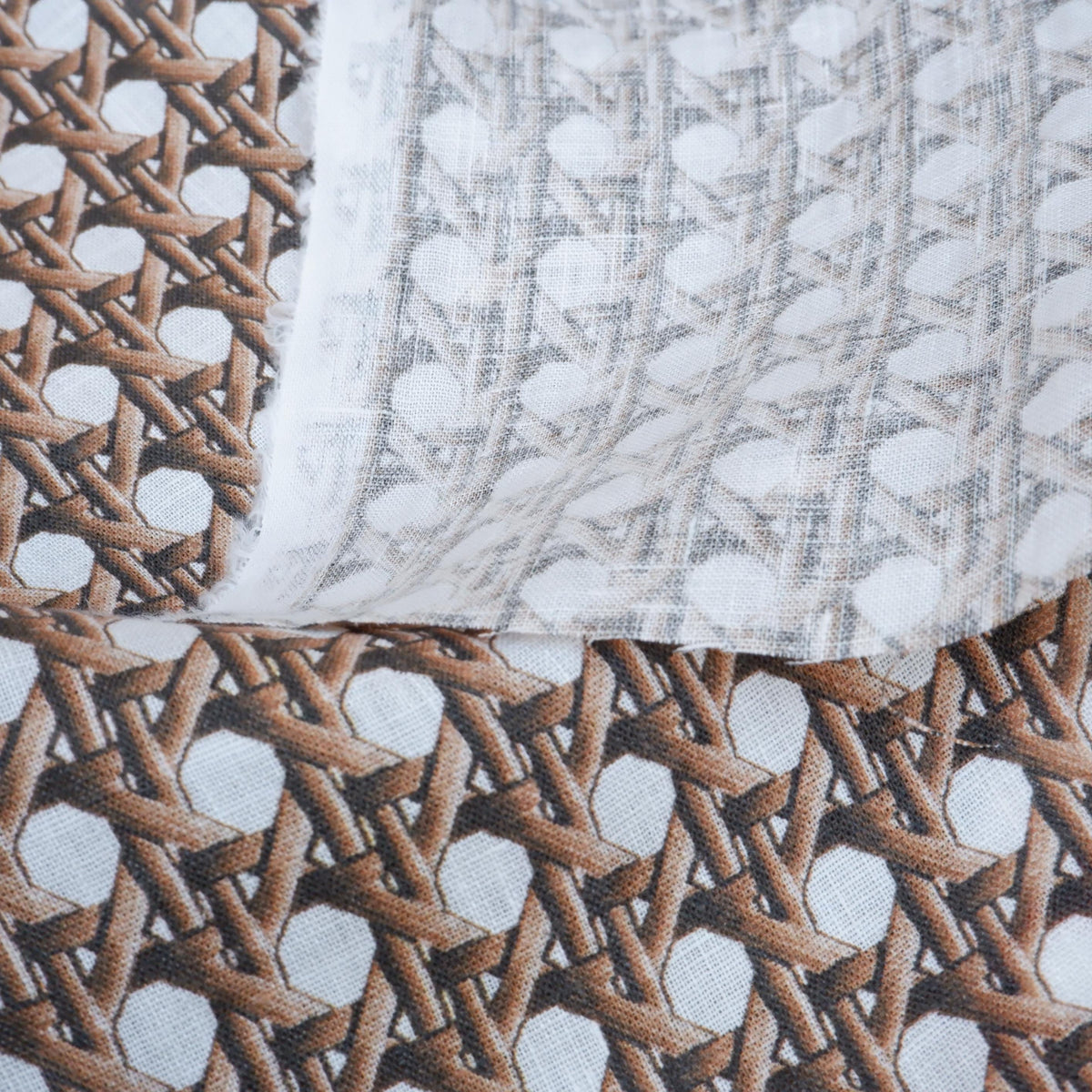 100% LINEN Fabric brown bamboo trellis - botanical textile artisan fabrics blue white 3686