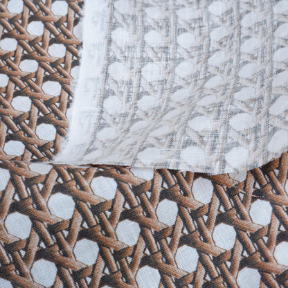 100% LINEN Fabric brown bamboo trellis - botanical textile artisan fabrics blue white 3686