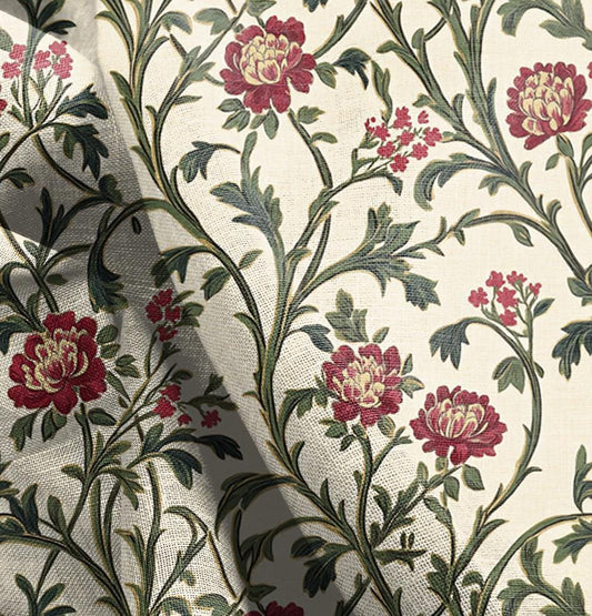 100% LINEN Fabric oriental with floral print,  linen fabric with botanical print, heavy linen fabric for upholstery home decor